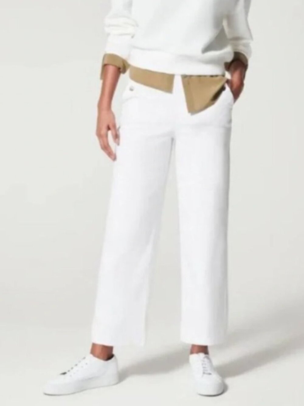 SPANX Stretch Twill Wide Leg Cropped Pants White Medium Petite EUC